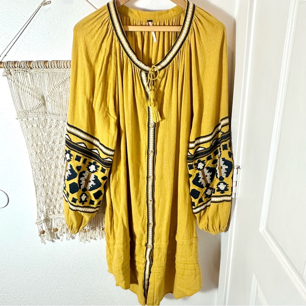 Free People FP In The Clear Bohemian Yellow 70s Embroidered Hippie Kaftan Dress